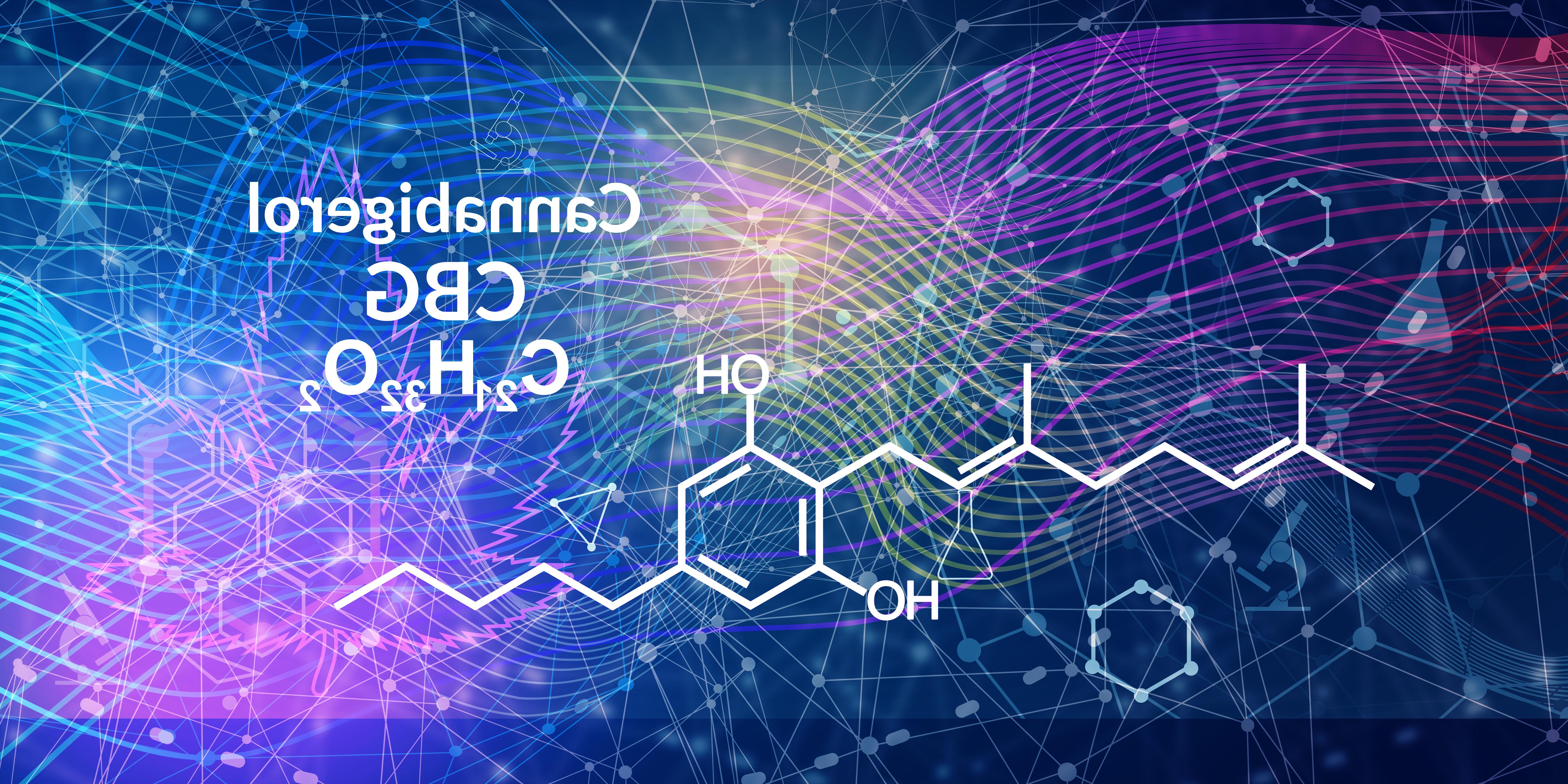 Cannabigerol or CBG molecular structural chemical formula against colorful science backdrop.